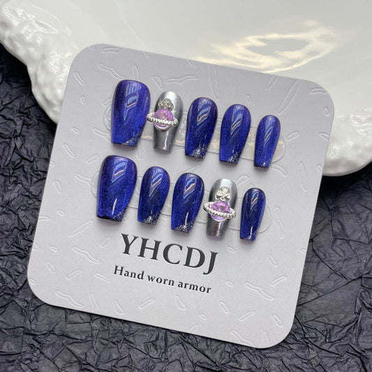 902 Blue Cat Eye style press on nails 100% handmade false nails blue