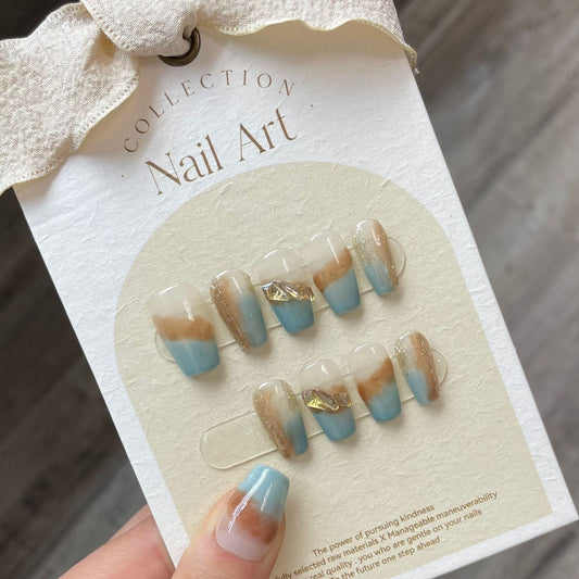 775 Halo staining style press on nails 100% handmade false nails white blue
