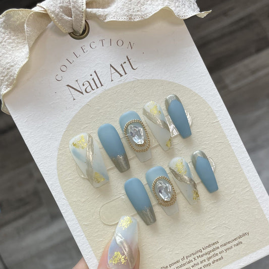 750 Frosting style press on nails 100% handmade false nails blue