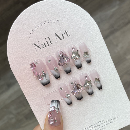 886 French Rhinestone style press on nails 100% handmade false nails pink