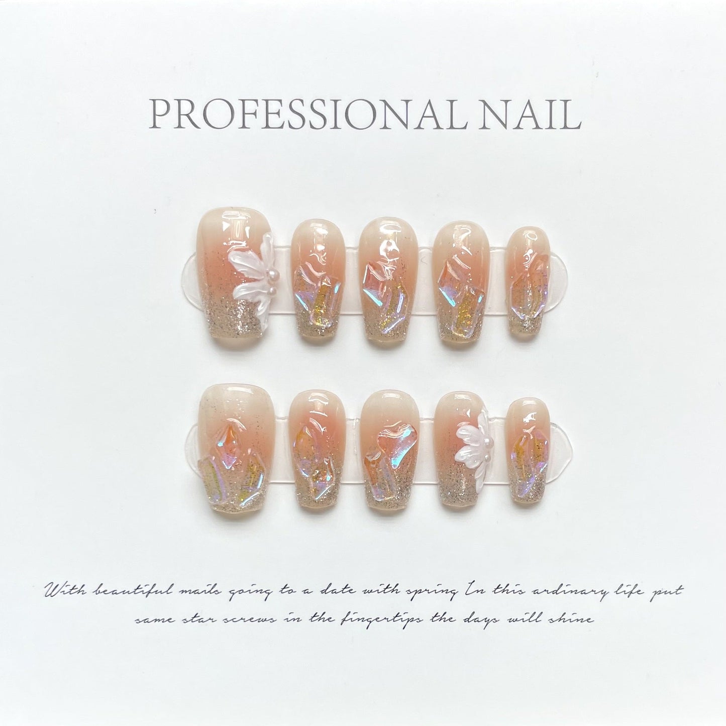 1030/1035 Flowers style press on nails 100% handmade false nails pink nude color
