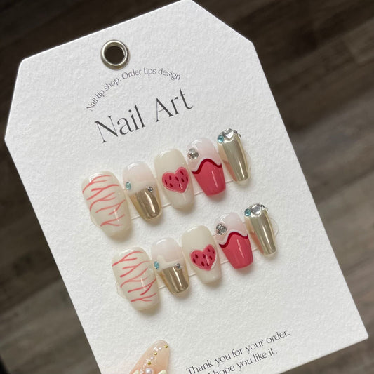 926 Cute style press on nails 100% handmade false nails pink white