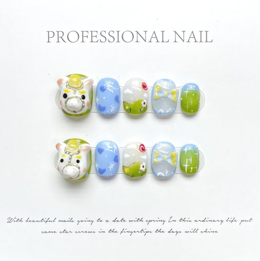 1007 Animal horse style press on nails 100% handmade false nails blue green