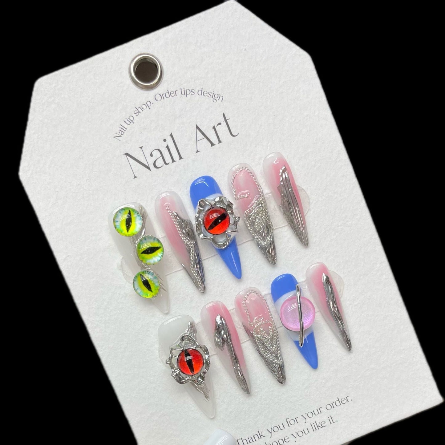 1029 European and American style style press on nails 100% handmade false nails pink blue