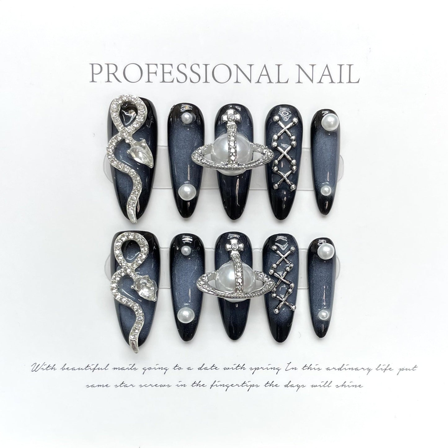 1037 Punk snake style press on nails 100% handmade false nails black sliver