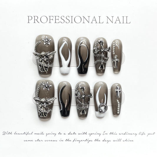 985 flame style press on nails 100% handmade false nails black sliver white gray