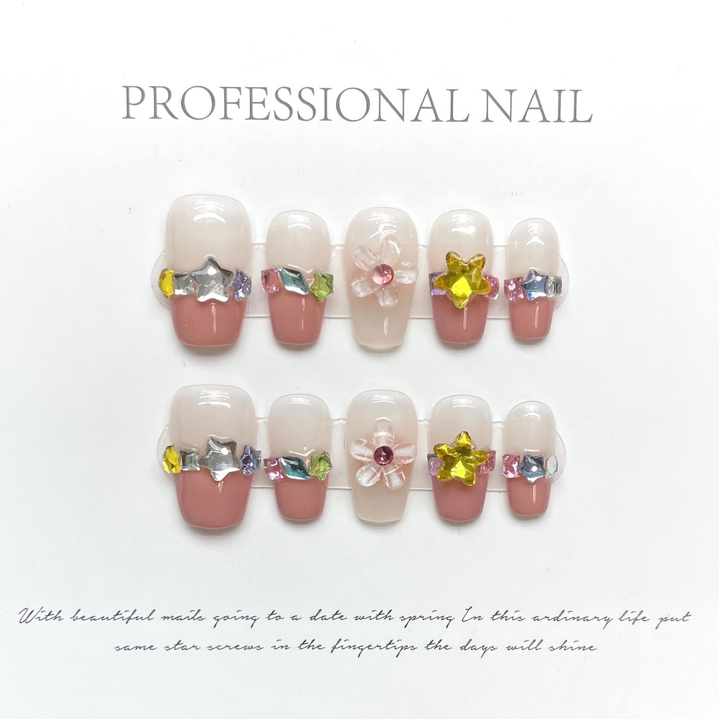 1028 Flowers style style press on nails 100% handmade false nails pink nude color