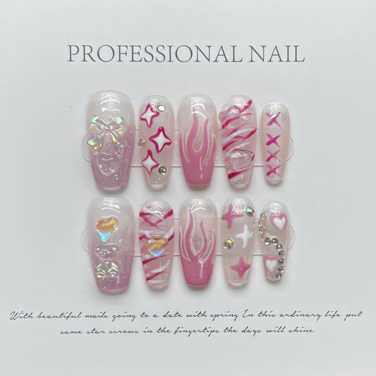 925 Spice Girls style press on nails 100% handmade false nails pink