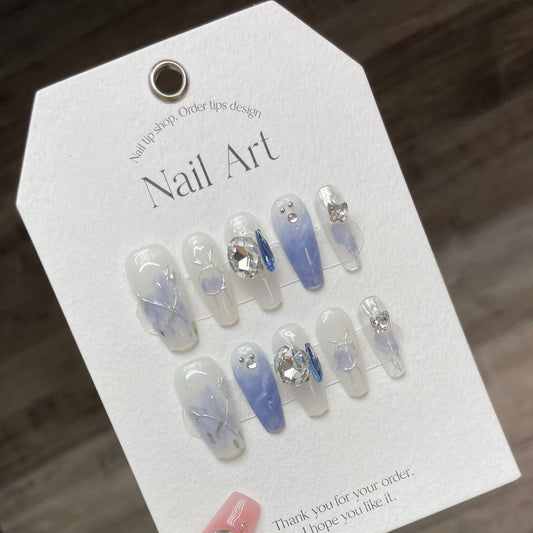 959 Transparent blue halo dye style press on nails 100% handmade false nails blue white