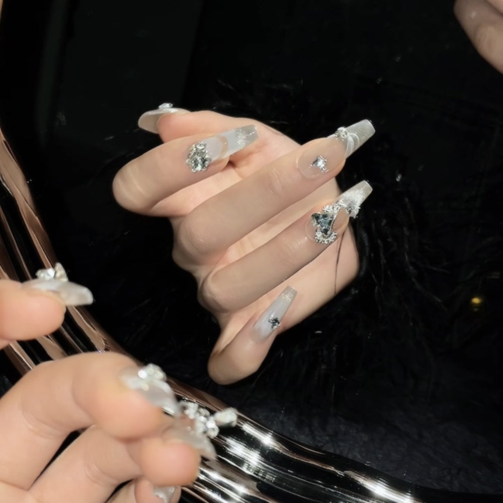 1169 Starry sky style Cateye press on nails 100% handmade false nails nude color