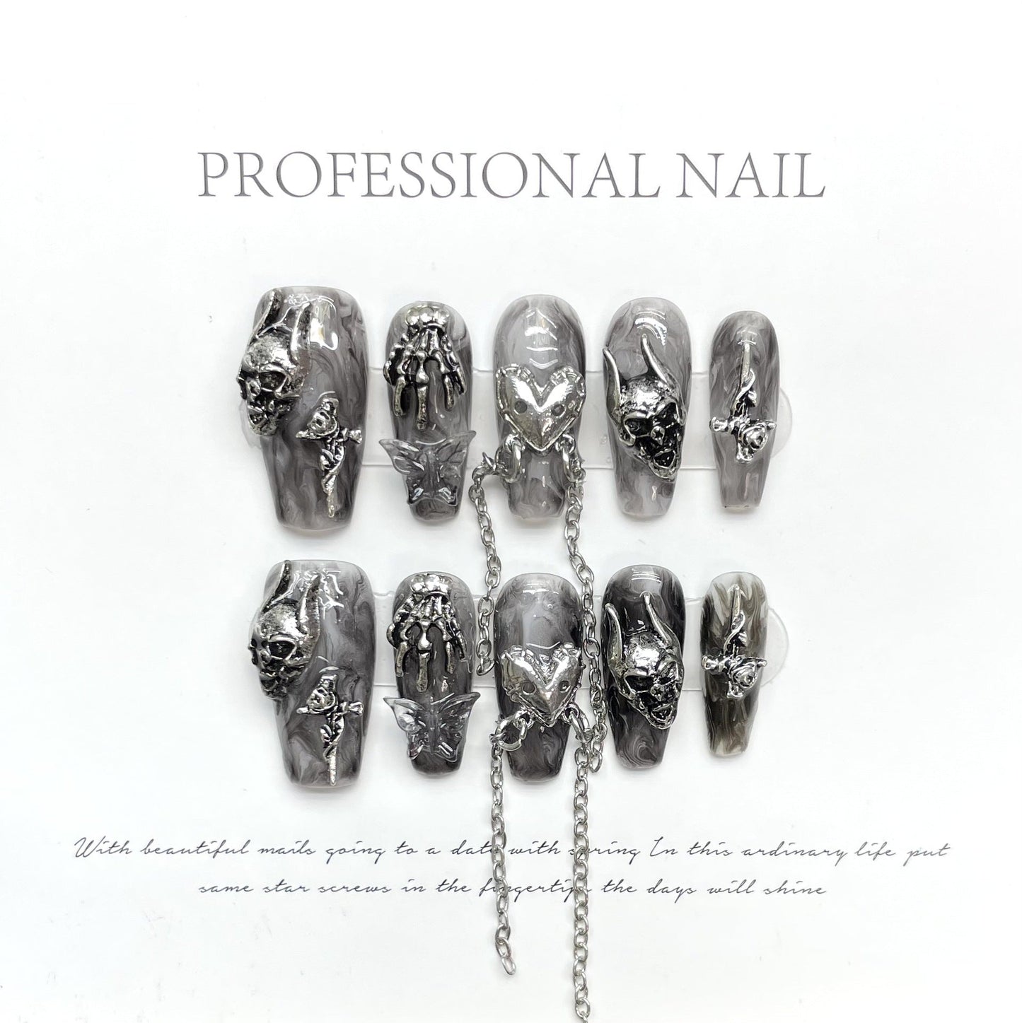 1075 Skull style press on nails 100% handmade false nails black sliver