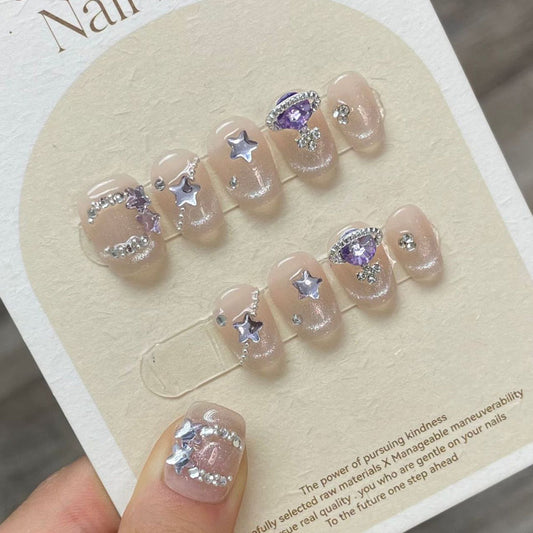 835 Star CatEye  Effect press on nails 100% handmade false nails nude color