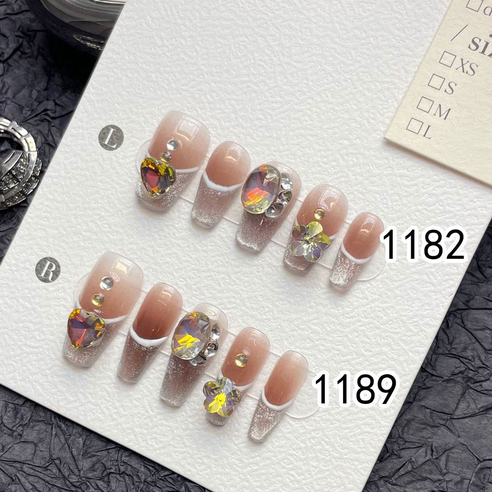 1182/1189 French Rhinestone Cateye Effect press on nails 100% handmade false nails nude color