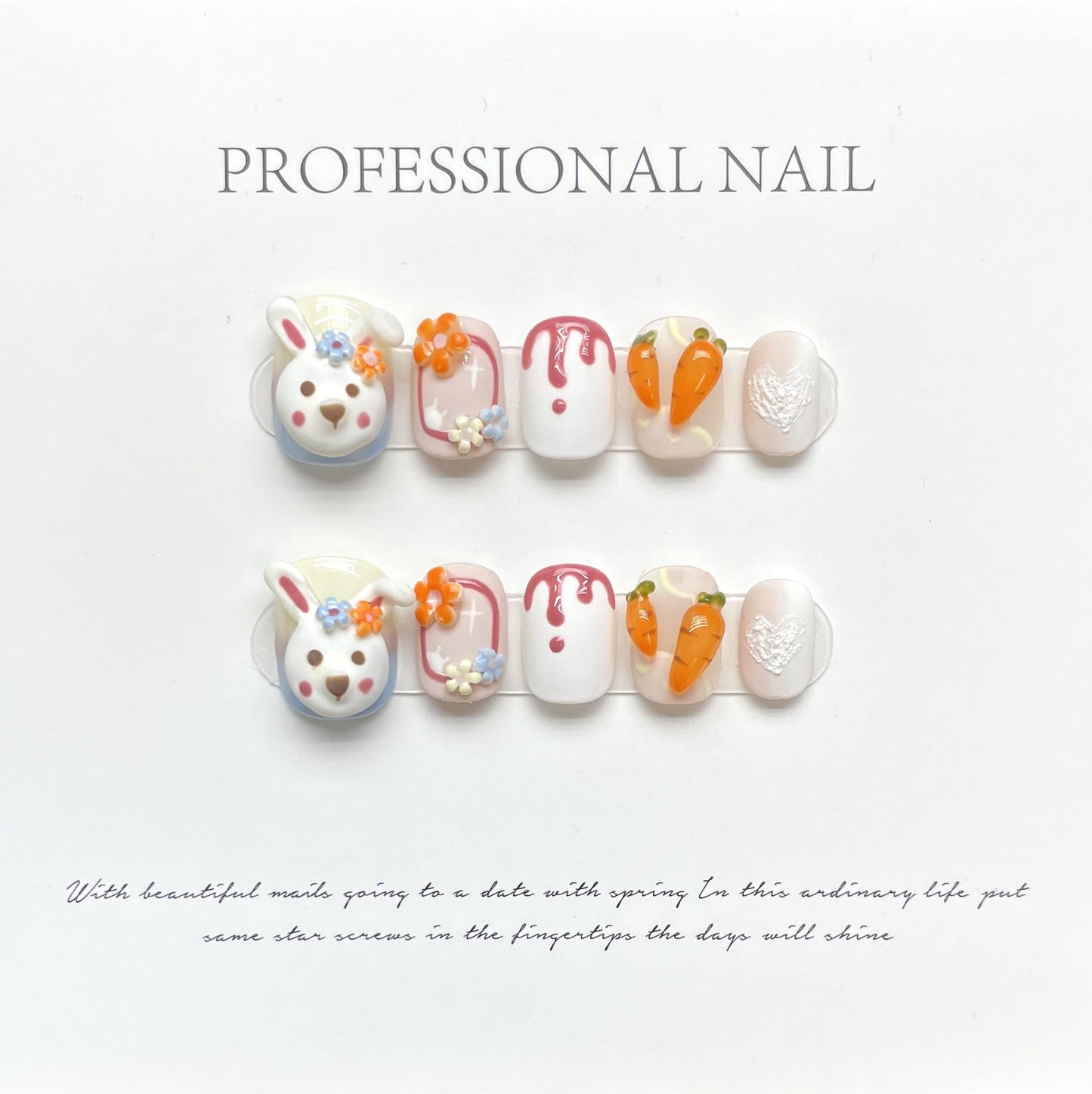 1004 Animal rabbit style press on nails 100% handmade false nails Yellow  White