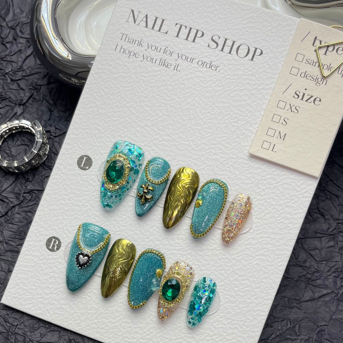 1240 Exotic charm style press on nails 100% handmade false nails blue golden