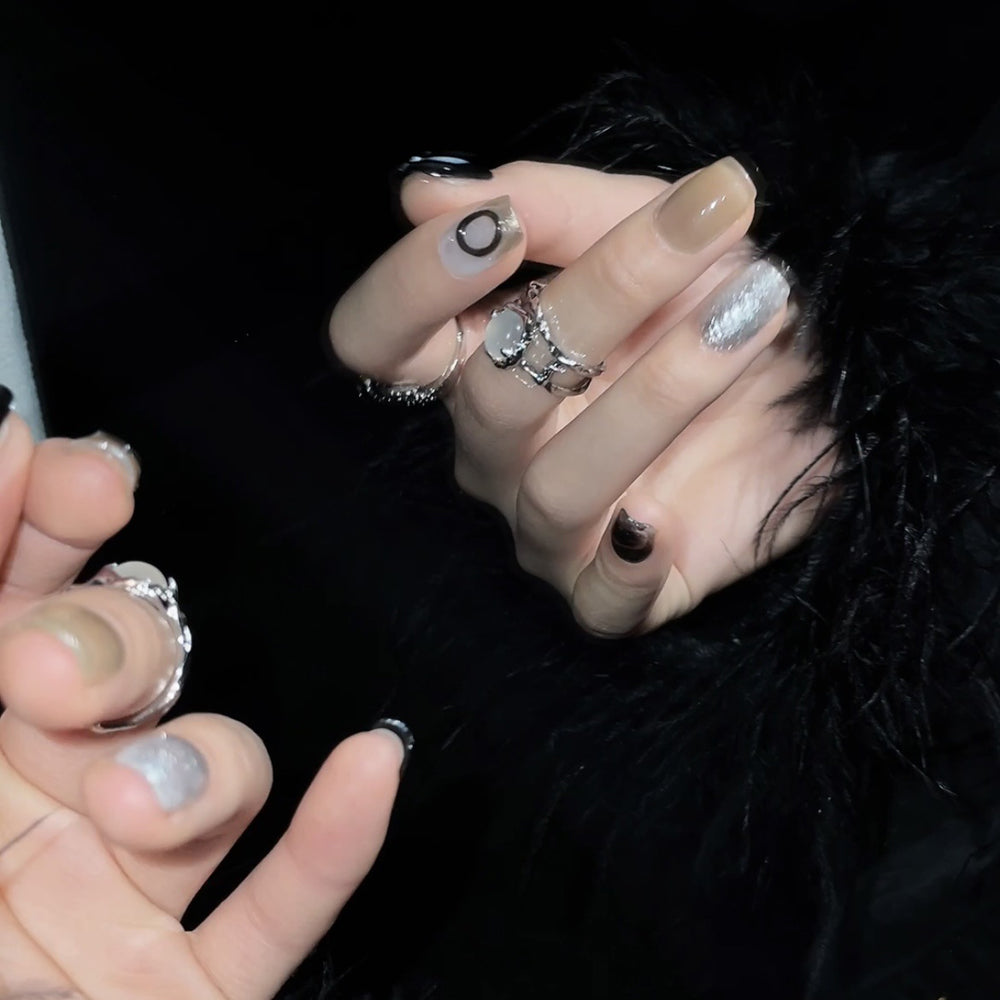 1142 Black style press on nails 100% handmade false nails black nude  sliver