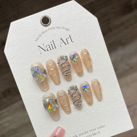 970 Dragon style press on nails 100% handmade false nails nude color