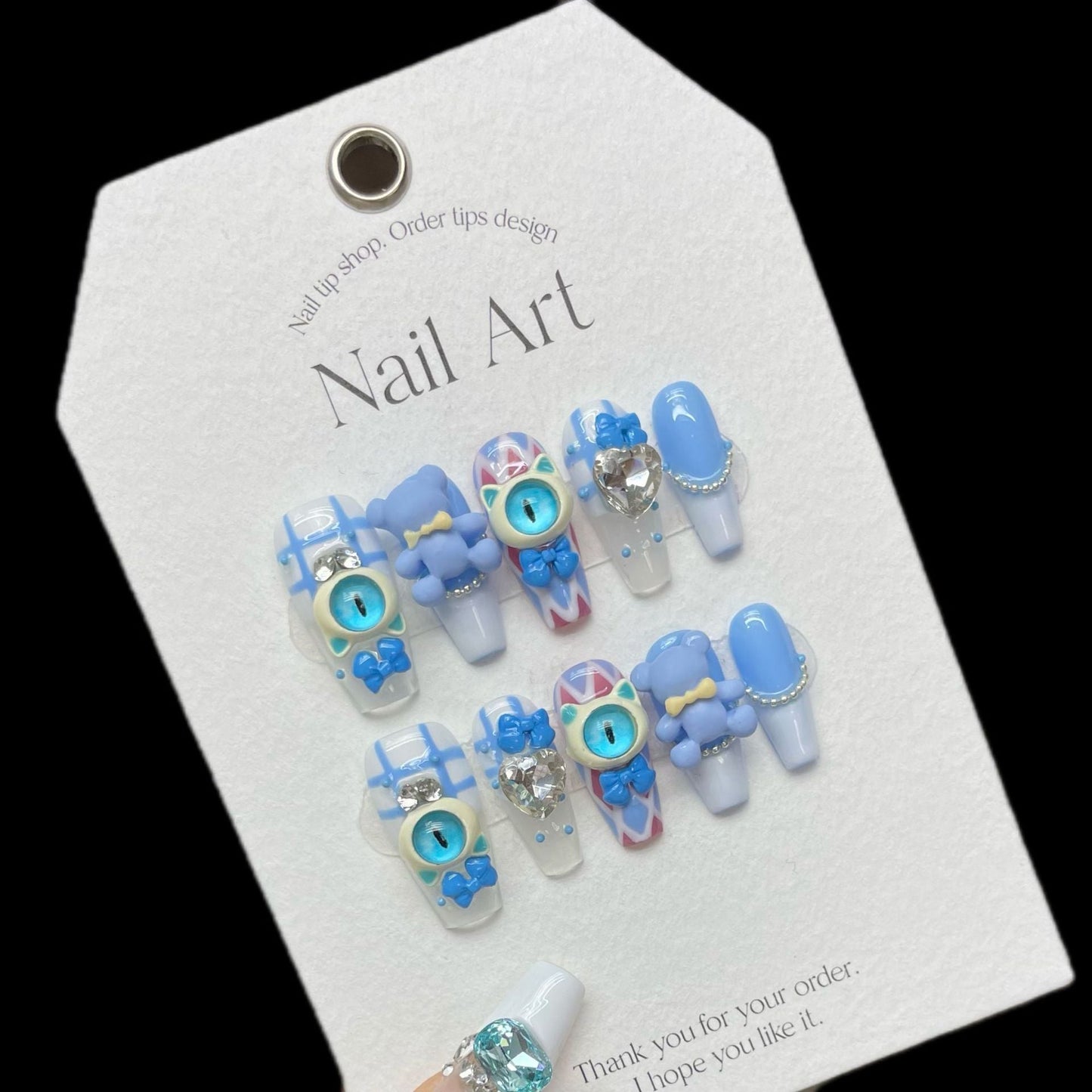 1049 Blue eyes style press on nails 100% handmade false nails blue