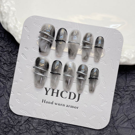 953 Dark Gothic style press on nails 100% handmade false nails gray black