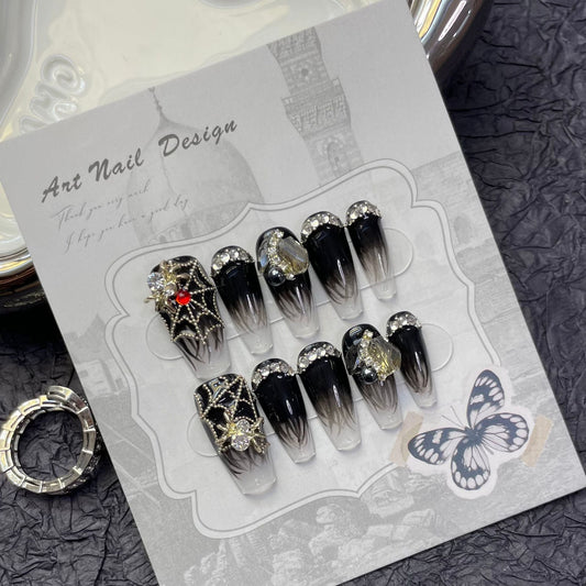 1225 Dark Spider style press on nails 100% handmade false nails black
