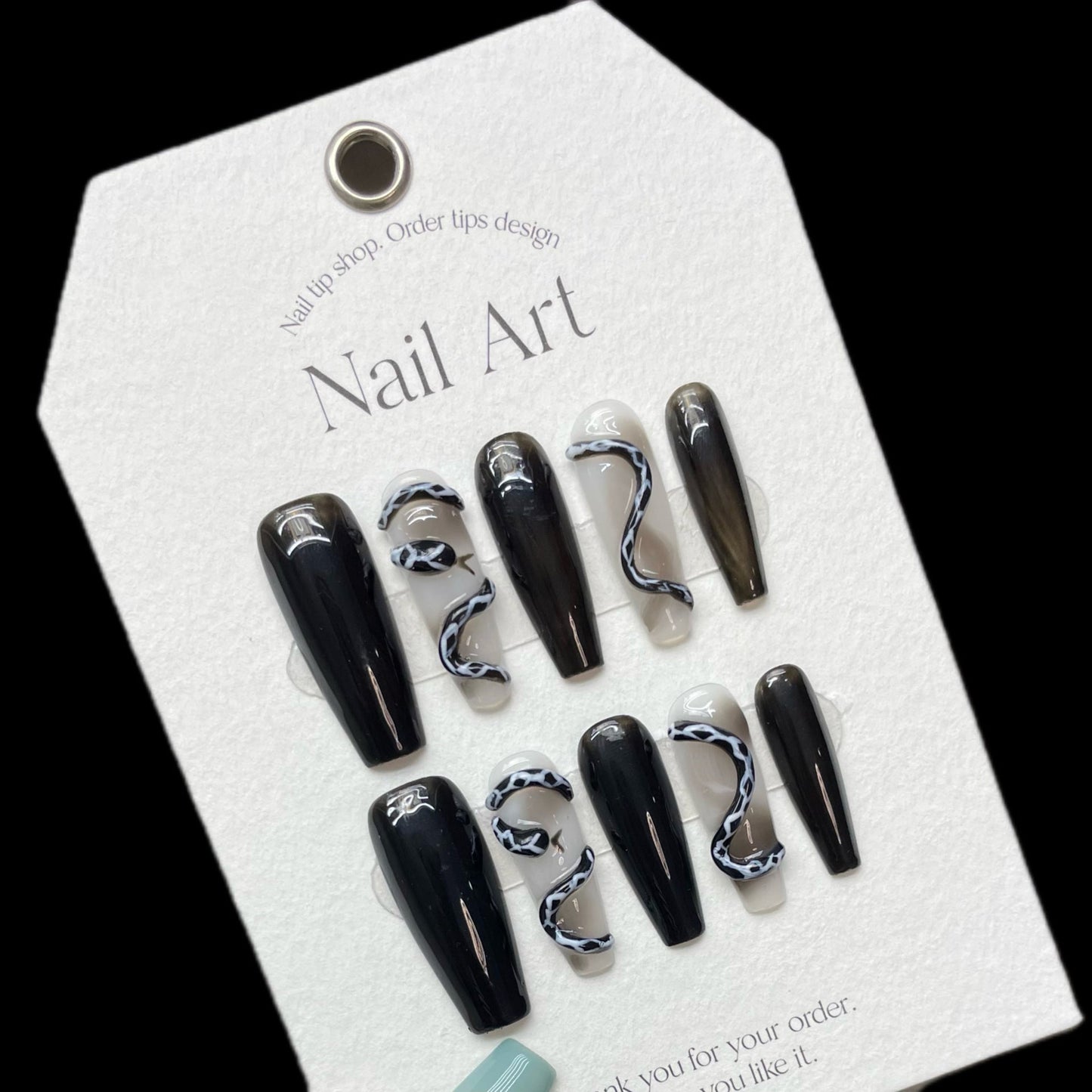 1070 Black Snake style press on nails 100% handmade false nails black
