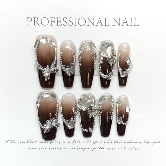 1067   Butterfly rhinestone style press on nails 100% handmade false nails brown