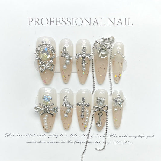 1115 Fairy style press on nails 100% handmade false nails sliver nude color