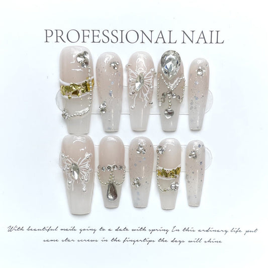 1140 Butterfly Rhinestone style press on nails 100% handmade false nails nude color