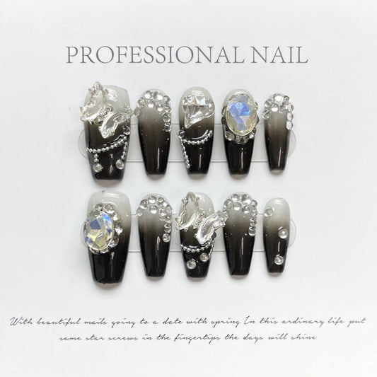 999 Black rhinestone style press on nails 100% handmade false nails black sliver