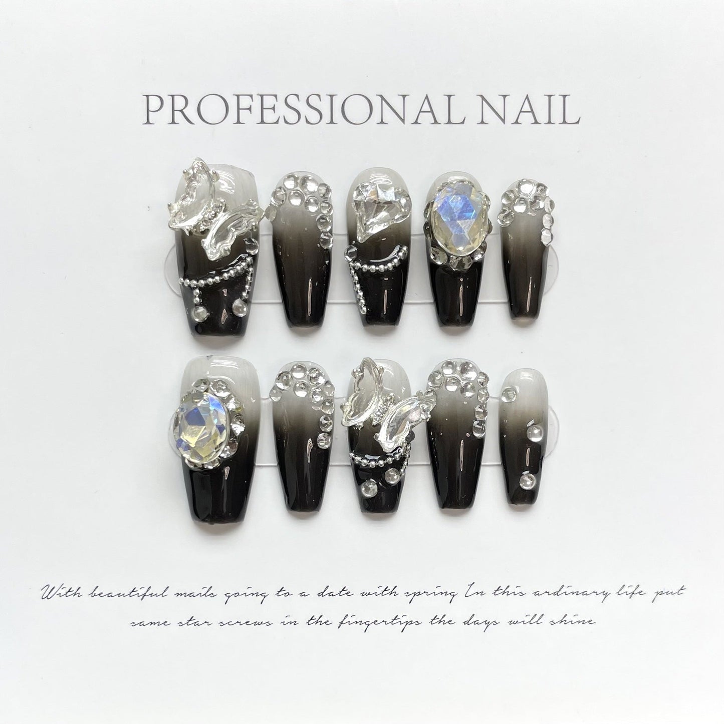 999 Black rhinestone style press on nails 100% handmade false nails black sliver