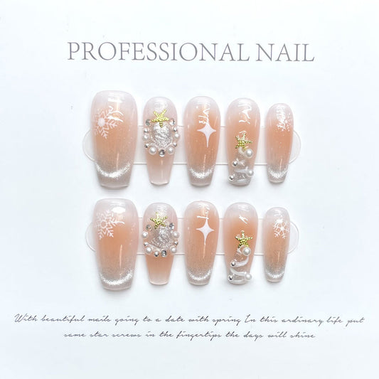 1195/1202 Christmas Style CatEye  Effect press on nails 100% handmade false nails nude color