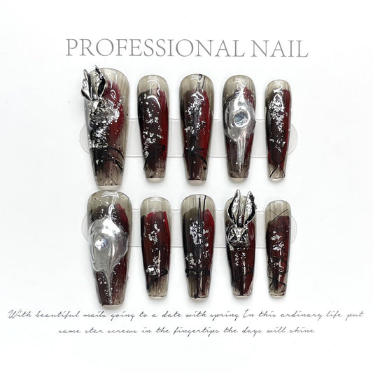997 dark style press on nails 100% handmade false nails red black sliver