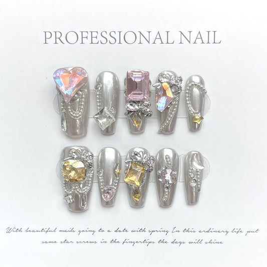 1047 silvery style press on nails 100% handmade false nails sliver