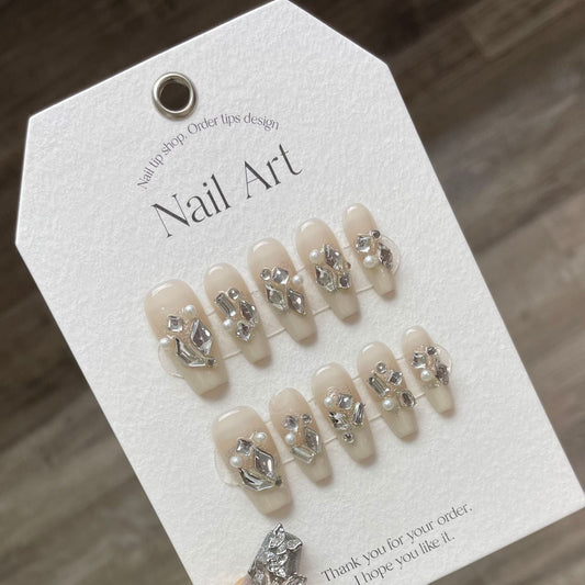 913 Rhinestone style press on nails 100% handmade false nails nude color