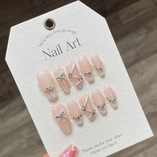 932 French style press on nails 100% handmade false nails pink