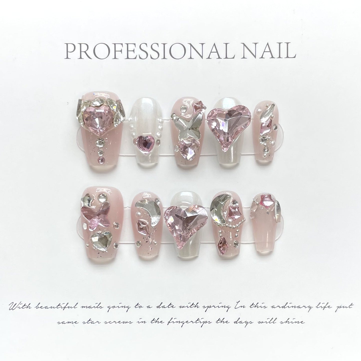 974/977 Rhinestone style press on nails 100% handmade false nails pink