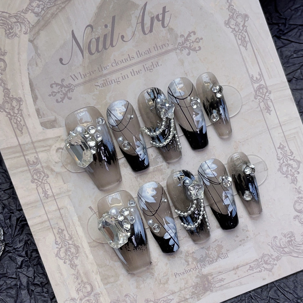 1157 black style press on nails 100% handmade false nailsblack sliver