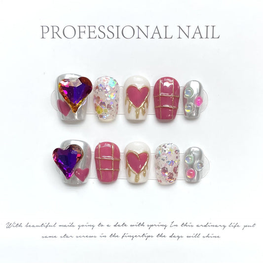 1057 Sweetheart style press on nails 100% handmade false nails pink sliver