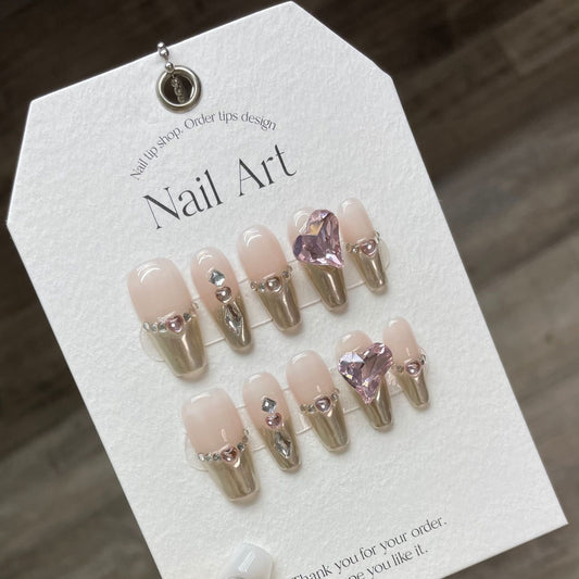 943 Magic Mirror Silver style press on nails 100% handmade false nails pink golden