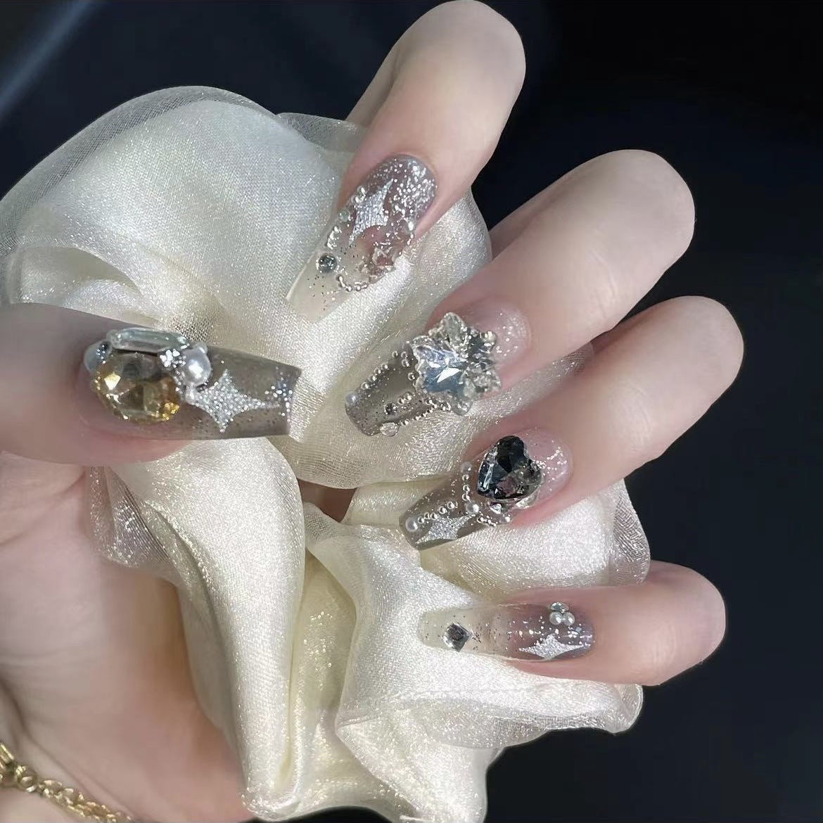 1055 Milky Way  style press on nails 100% handmade false nails sliver