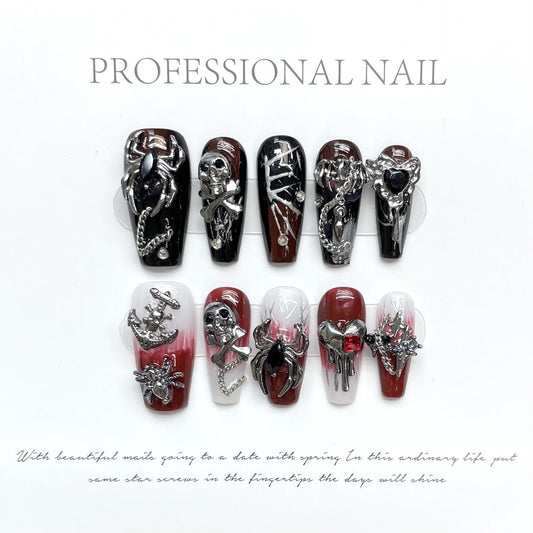 1096 demon style press on nails 100% handmade false nails red black