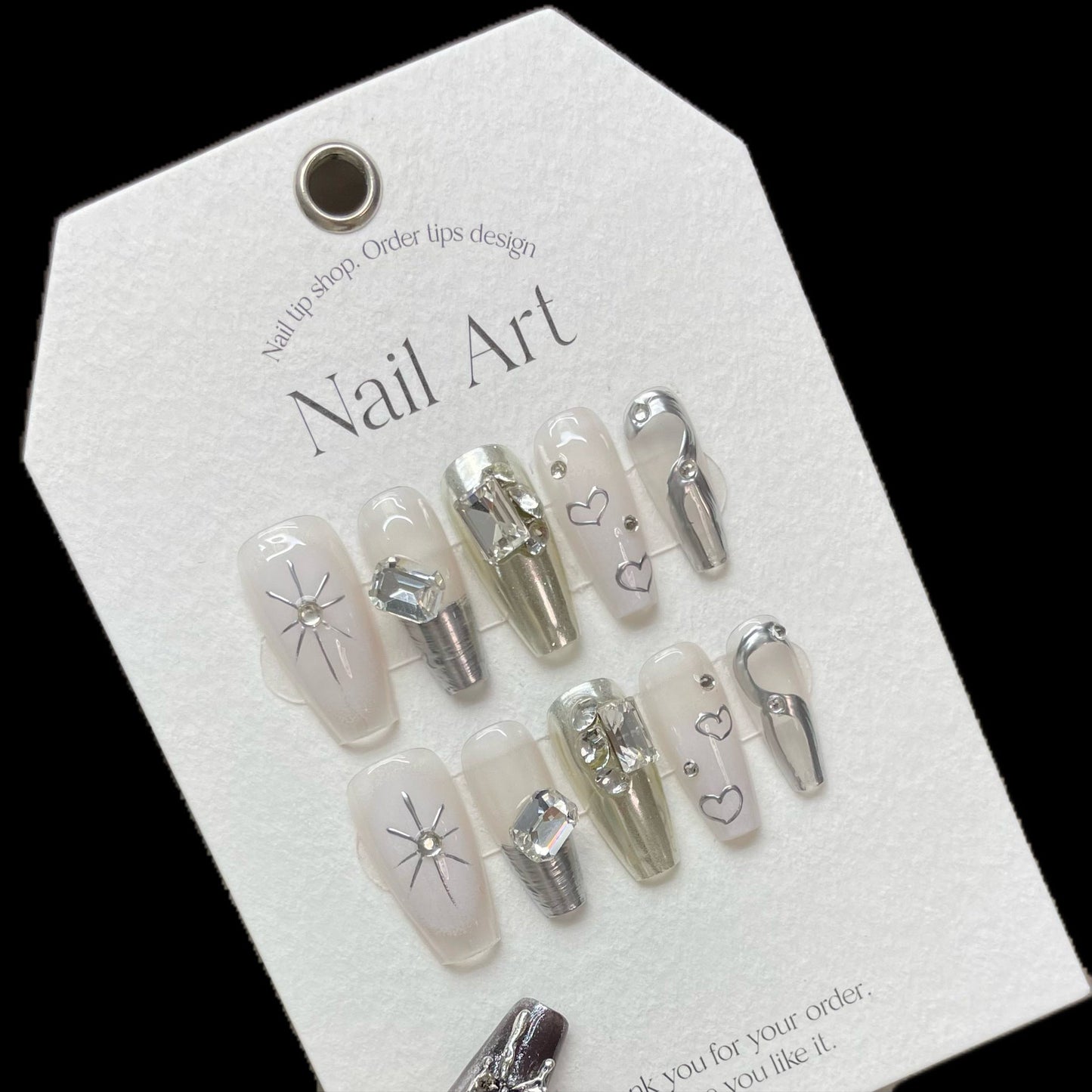 1084 Rhinestone style press on nails 100% handmade false nails sliver