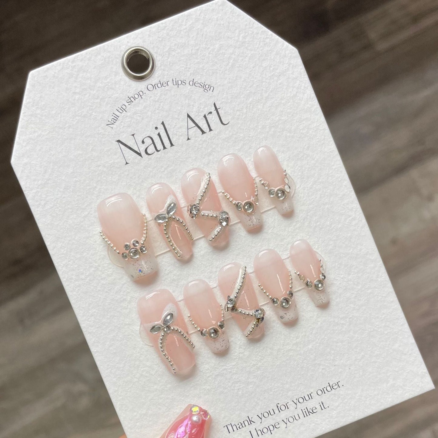 932 French style press on nails 100% handmade false nails pink