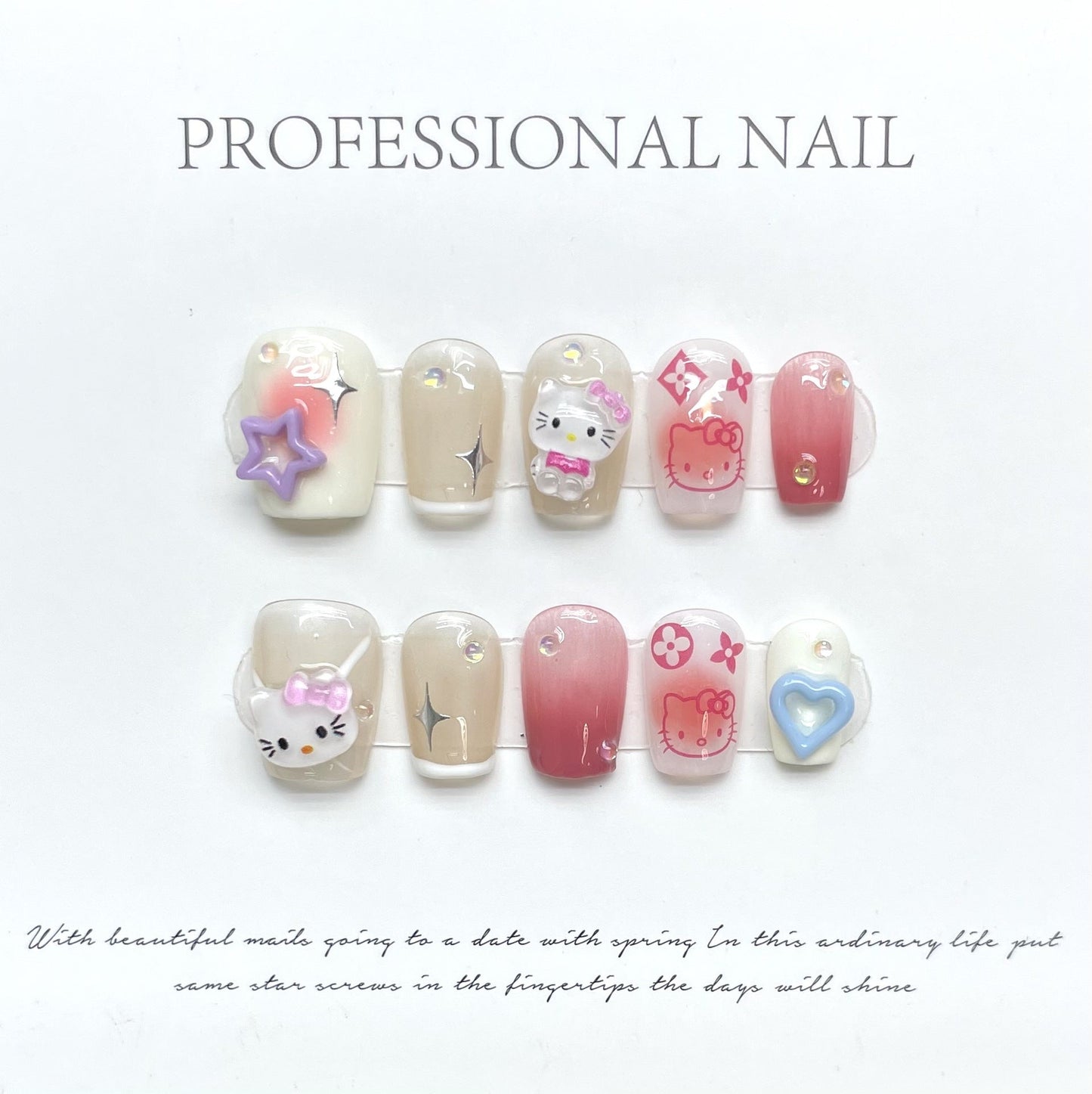 1094 Cute Cat style press on nails 100% handmade false nails pink