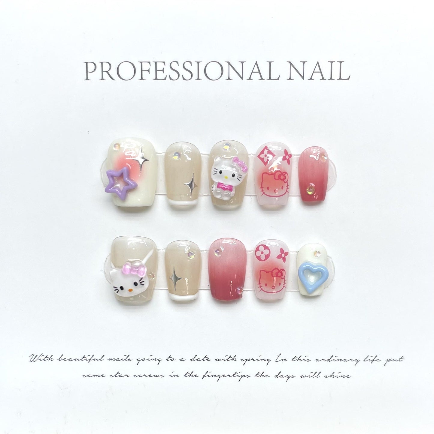 1094 Cute Cat style press on nails 100% handmade false nails pink