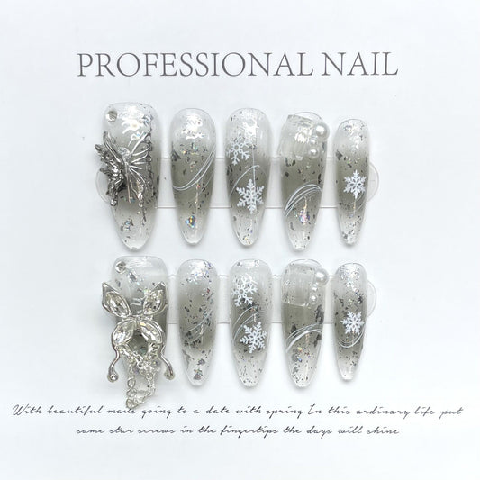 1093 Silver Butterfly style press on nails 100% handmade false nails sliver