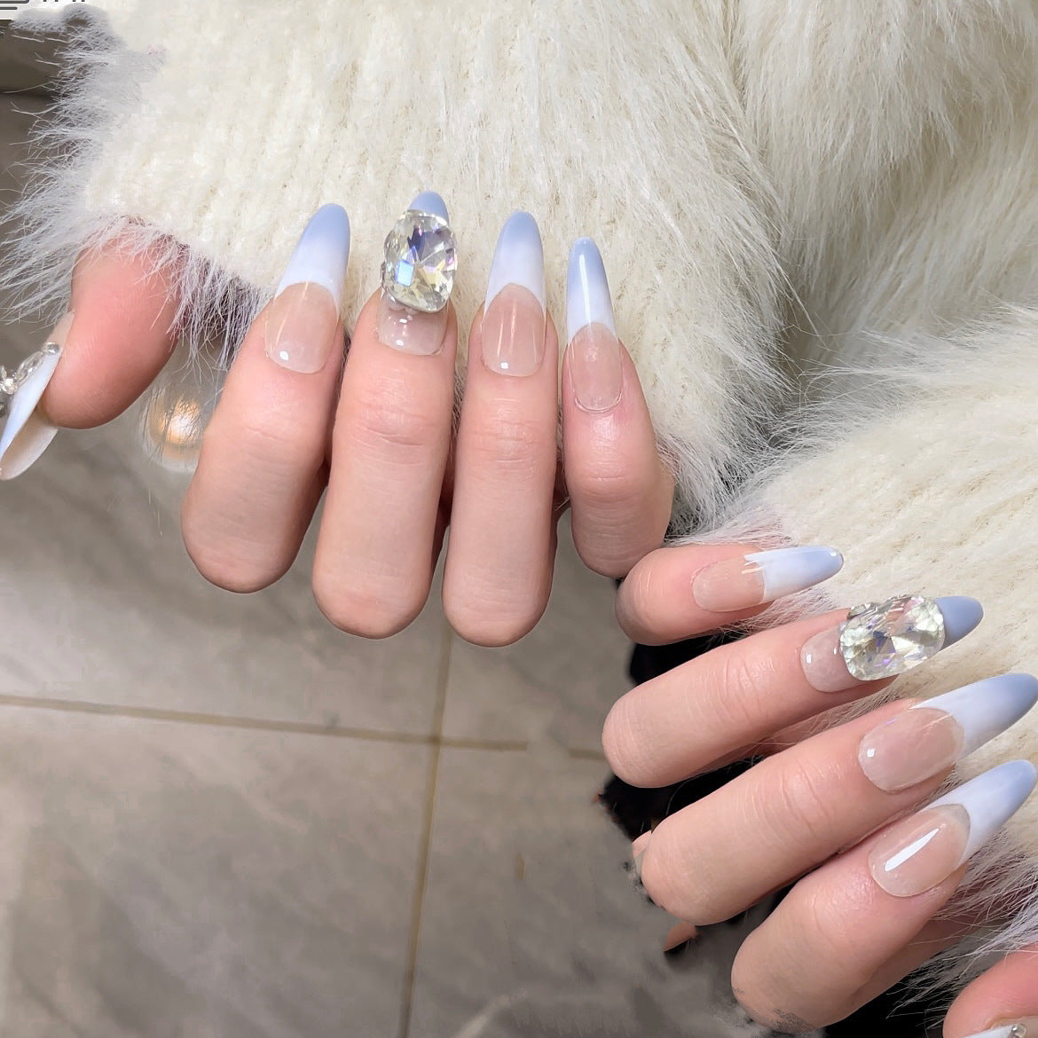 1091 Rhinestone style press on nails 100% handmade false nails blue nude color