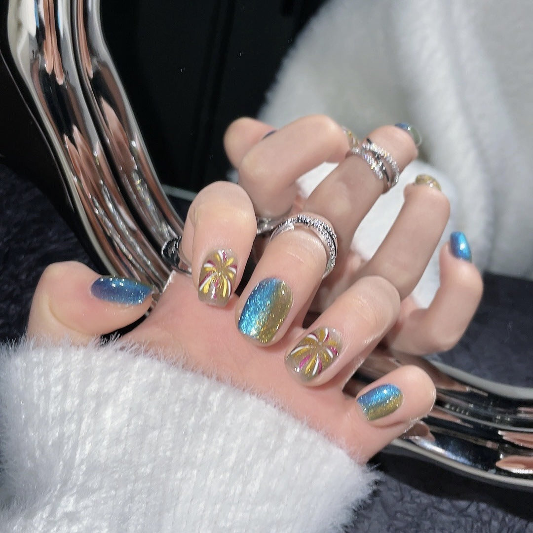 1214 fireworks Cateye Effect style press on nails 100% handmade false nails blue golden