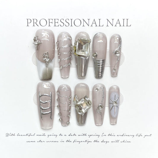 1090 Rhinestone style press on nails 100% handmade false nails sliver nude color