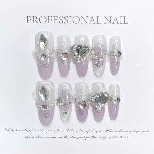 1089 Rhinestone style press on nails 100% handmade false nails purple
